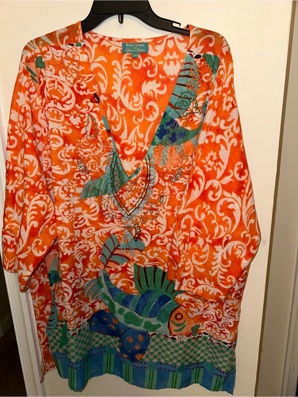 Antica Santaría Orange Cover Upwith Teal & Green Fish Print